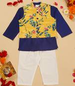 Saka designs boys navy cotton kurta pajama with yellow silk jacket set