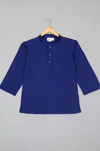 Saka designs boys navy cotton kurta pajama with yellow silk jacket set
