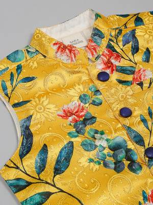 Saka designs boys navy cotton kurta pajama with yellow silk jacket set 5
