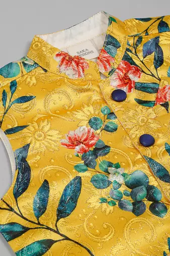 Saka designs boys navy cotton kurta pajama with yellow silk jacket set