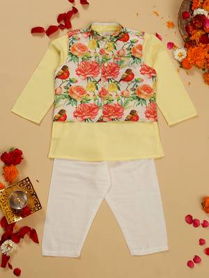 Saka designs boy's cotton yellow kurta pajamas with printed poly chanderi jacket set 1