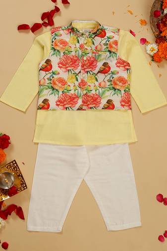 Saka designs boy's cotton yellow kurta pajamas with printed poly chanderi jacket set