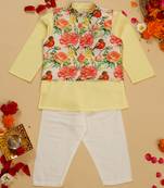 Saka designs boy's cotton yellow kurta pajamas with printed poly chanderi jacket set