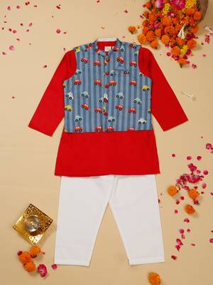 Saka designs boys's red kurta with printed jacket and pajama set 1