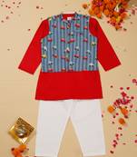 Saka designs boys's red kurta with printed jacket and pajama set