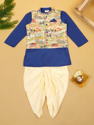 Saka designs boys cotton purple kurta & dhoti with yellow jacket set 1