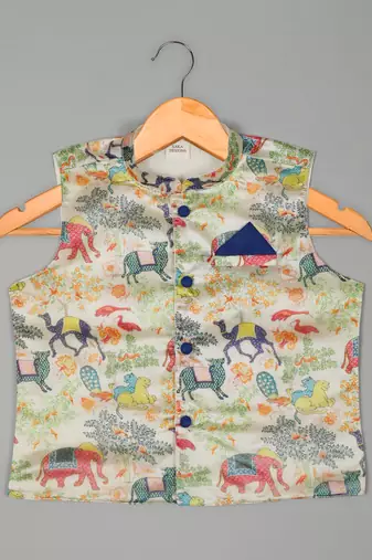 Saka designs boys cotton purple kurta & dhoti with yellow jacket set