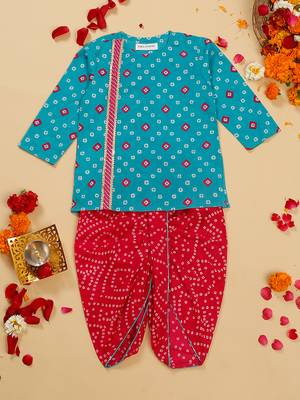 Saka designs boy's printed 100% cotton kurta & dhoti - blue & red 1