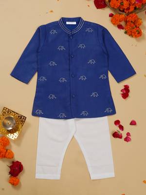 Saka designs boys' blue cotton kurta with exquisite embroidery work and pajama set 1