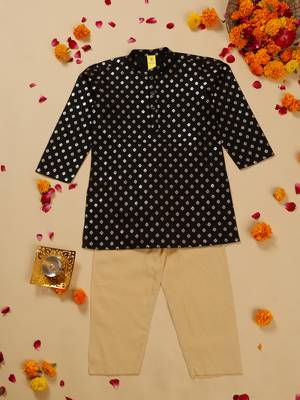 Saka designs boys black foil printed and beige pajama for boys 1