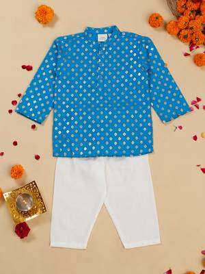 Saka designs boy's foil printed kurta & pyjamas - blue & white 1