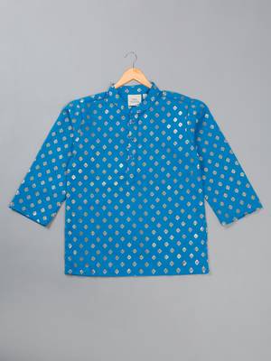 Saka designs boy's foil printed kurta & pyjamas - blue & white 2