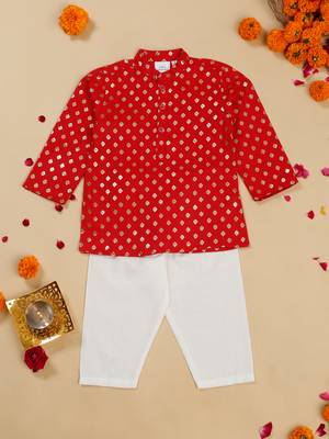 Saka designs boy's foil printed kurta & pyjamas - red & white 1