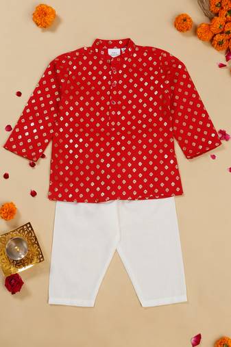 Saka designs boy's foil printed kurta & pyjamas - red & white