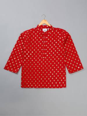 Saka designs boy's foil printed kurta & pyjamas - red & white 2