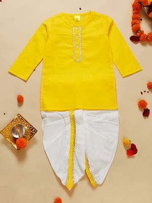 Saka designs boy's cotton kurta & dhoti - yellow & white 1