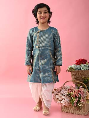 Saka designs boys jacquard teal achkan with white dhoti 1