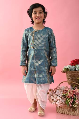 Saka designs boys jacquard teal achkan with white dhoti
