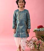 Saka designs boys jacquard teal achkan with white dhoti