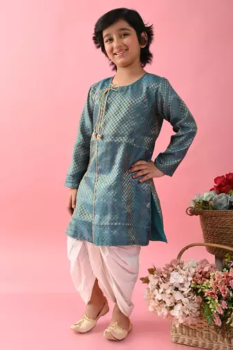 Saka designs boys jacquard teal achkan with white dhoti