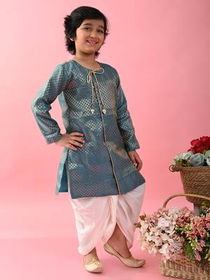 Saka designs boys jacquard teal achkan with white dhoti 3