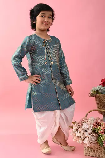 Saka designs boys jacquard teal achkan with white dhoti