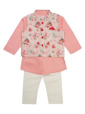 Saka designs boy's floral printed jacket with cotton kurta & pyjamas - pink & white 1