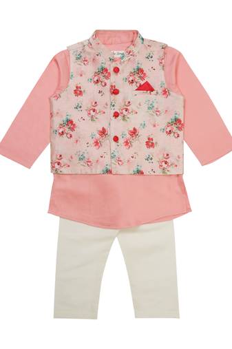 Saka designs boy's floral printed jacket with cotton kurta & pyjamas - pink & white