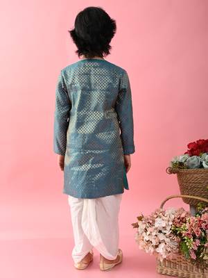 Saka designs boys jacquard teal achkan with white dhoti 4