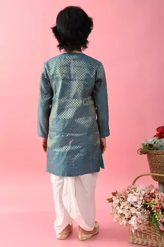 Saka designs boys jacquard teal achkan with white dhoti
