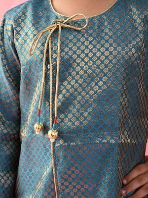 Saka designs boys jacquard teal achkan with white dhoti 5