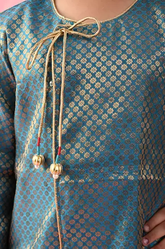 Saka designs boys jacquard teal achkan with white dhoti