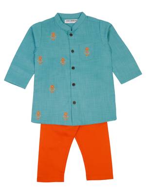 Saka designs emberoidered cotton kurta pajama set for boys - turquoise blue & orange 1