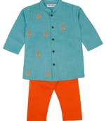 Saka designs emberoidered cotton kurta pajama set for boys - turquoise blue & orange