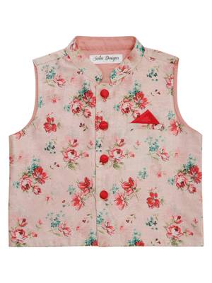 Saka designs boy's floral printed jacket with cotton kurta & pyjamas - pink & white 3