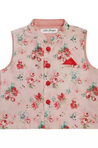 Saka designs boy's floral printed jacket with cotton kurta & pyjamas - pink & white