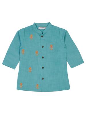 Saka designs emberoidered cotton kurta pajama set for boys - turquoise blue & orange 2