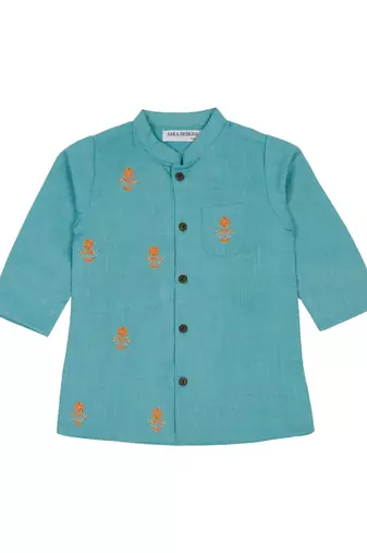 Saka designs emberoidered cotton kurta pajama set for boys - turquoise blue & orange