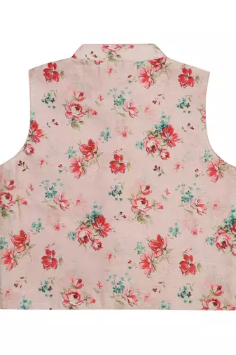 Saka designs boy's floral printed jacket with cotton kurta & pyjamas - pink & white