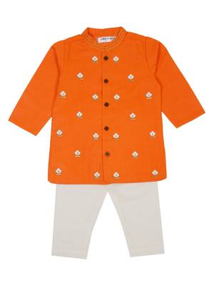 Saka designs emberoidered cotton kurta pajama set  boys - orange & white 1