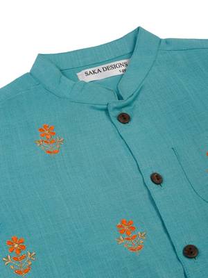 Saka designs emberoidered cotton kurta pajama set for boys - turquoise blue & orange 4
