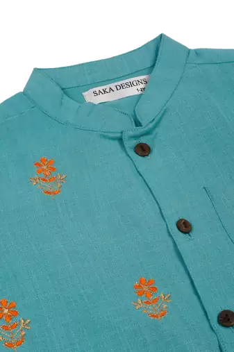 Saka designs emberoidered cotton kurta pajama set for boys - turquoise blue & orange