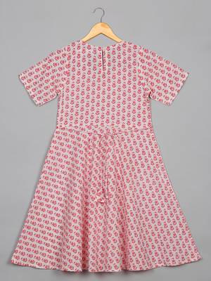 Saka designs girls cotton printed v-neck knee-length half sleeves a-line kurta - pink 3