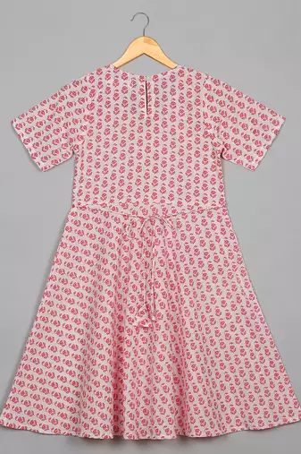 Saka designs girls cotton printed v-neck knee-length half sleeves a-line kurta - pink