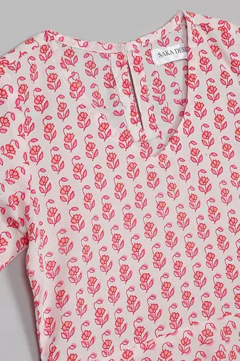 Saka designs girls cotton printed v-neck knee-length half sleeves a-line kurta - pink