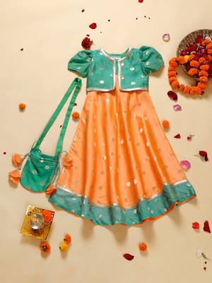 Saka designs girl's maxi gown jacket and a pouch - orange & green 1