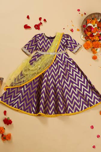 Saka designs girl's maxi dress/gown dupatta and a belt - purple