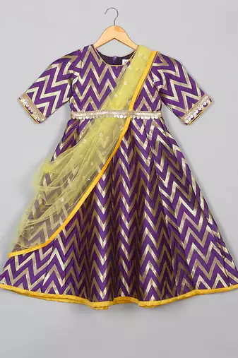 Saka designs girl's maxi dress/gown dupatta and a belt - purple