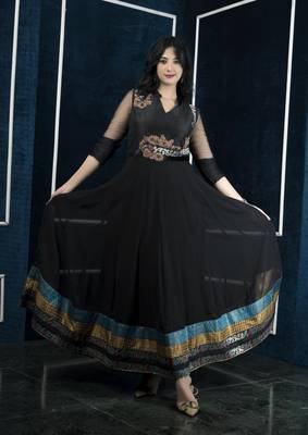 Nikhaa embroidered black georgette anarkali kurta & pants set 1