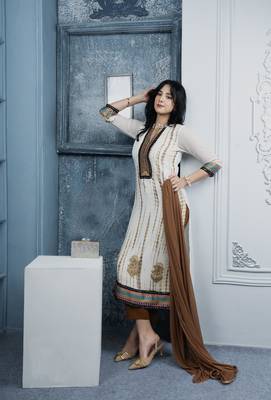 Nikhaar off-white embroidered georgette stitched straight cut trouser kurta & dupatta  1